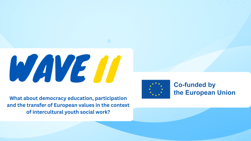 Das Logo des WAVE II Projektes und der EU auf blauem Hintergrund.