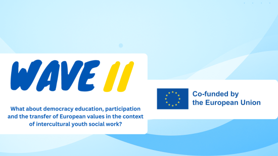 Das Logo des WAVE II Projektes und der EU auf blauem Hintergrund.